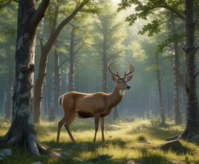 Fototapeta premium Lone deer enjoying a quiet moment among the trees in Siberian forest, natural beauty, wild animal, sanctuary