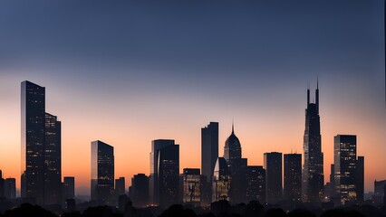 Fototapeta premium Silhouetted cityscape at sunrise, showcasing a modern skyline with illuminated skyscrapers against a soft, colorful sky.