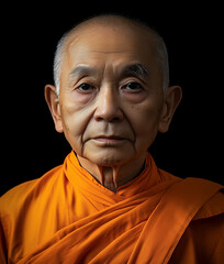 Elderly monk in orange robe poses against dark background showcasing calm expression and spiritual wisdom