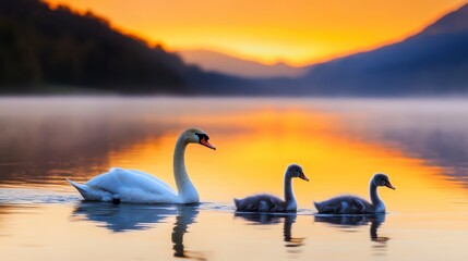 Naklejka premium Majestic Swan with Cygnets at Dawn on Serene Lake Background