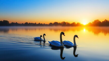 Fototapeta premium Graceful Swans Gliding on Calm Lake at Sunrise with Golden Reflections