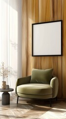 Cozy modern living room with green armchair and empty frame on wooden wall showcasing minimalist decor and natural light
