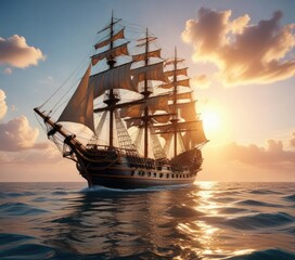 Obraz premium Majestic sailing ship anchored in calm waters, calm seas, golden sunset