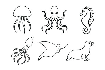Sea animal line art vector set, Jellyfish, Octopus, Sea Horse, Squid, Seal, Stingray. Sea animal bundle line art vector isolated on white background. Collection of outline sea animal illustrations. © MithunDeb343