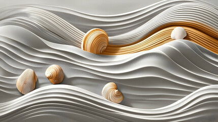Seashells on abstract flowing white and gold waves, minimalist background, wall art
