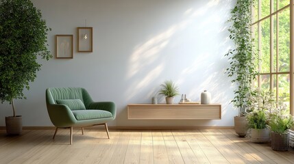 Scandinavian Minimalist Living Room Design with Green Armchair and Wooden Furniture