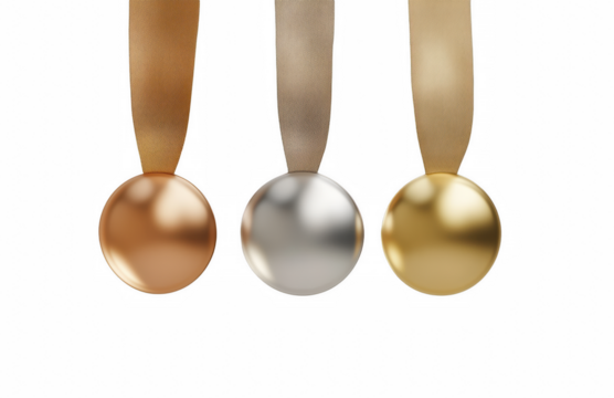 gold silver bronze medals of three winners, displayed on ribbons, set against a transparent background, ideal for awards, certificates, or promotional designs.