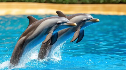 Fototapeta premium Dolphins leaping gracefully in clear blue water against sunny backdrop