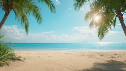 Tropical Beach Landscape with Blue Sky, Turquoise Water, Palm Trees, and Serene Atmosphere