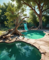 Neglected abandoned pool with a green slide next to a dead tree, waterlogged wood, broken equipment