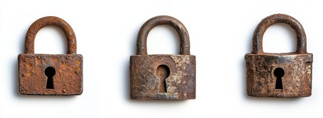 Three rusty padlocks isolated on white background. (3)