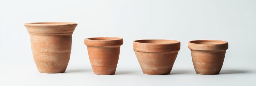 Four terracotta pots of varying sizes on white background. (1)
