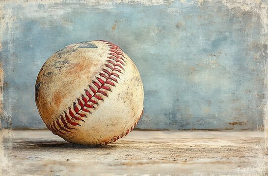Black and white vintage baseball illustration with detailed stitching and textured background
