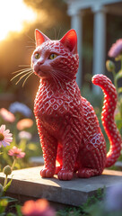 Regal Red Ceramic Cat Statue in a Garden: AI-Generated Intricate White Patterns and Warm Lighting