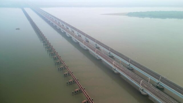 bhayandar to naigaon vasai creek railway bridge empty drone shot