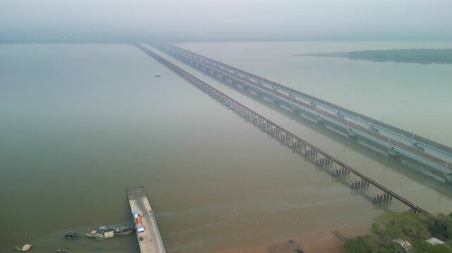 Bhayandar to naigaon vasai creek railway bridge empty drone shot