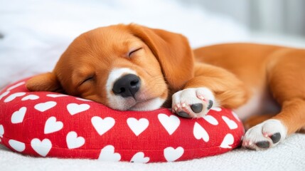 Cute puppy sleeping on heart-patterned pillow in cozy setting