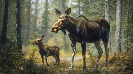 Moose and calf walking in lush forest nature wildlife exploration