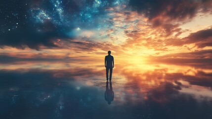 Silhouette of a man standing on a reflective surface with a colorful sky and stars in the background.