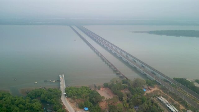 bhayandar to naigaon vasai creek railway bridge empty drone shot