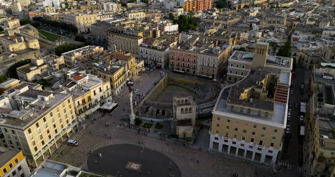 Aerial View Of Roman Amphitheater of Lecce At Sunset In Italy.