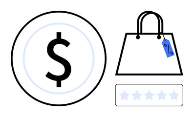 Shopping bag with price tag, dollar sign in a circle, and star rating bar with five empty stars. Ideal for e-commerce, shopping, customer reviews, pricing, retail, consumer feedback online purchase