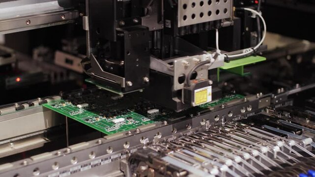 Precision machinery in action on an automated assembly line, placing components onto printed circuit boards with high accuracy