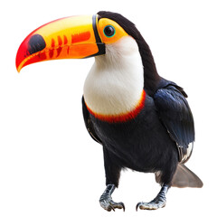 Naklejka premium Toucan, black body with large, colorful beak and white throat. isolated on transparency background