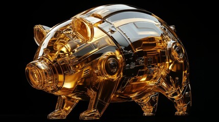 A modern 3D gold piggy bank, sleek and reflective, glowing against a glossy black background