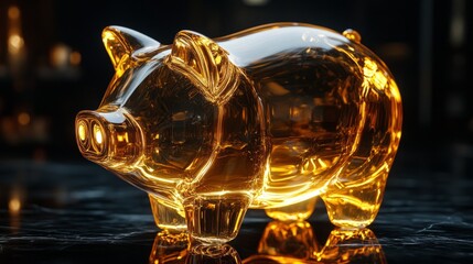 A reflective gold piggy bank with smooth surfaces, glowing softly against a dark black surface 