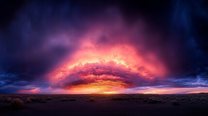 Fiery Sunset Storm Cloud Panorama Over Desert Plains