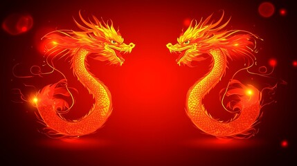Obraz premium Fiery Twin Dragons Dance Red Background Art