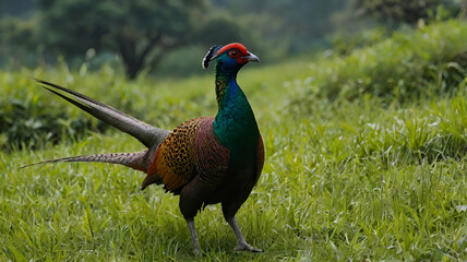 Obraz premium Himalayan Manual Pheasants Himalayan monal Pheasant or hunting pheasant (Phasianus colchicus), male standing in meadow, Lake Neusiedl National Park, Seewinkel, Burgenland, Austria, Europe, 