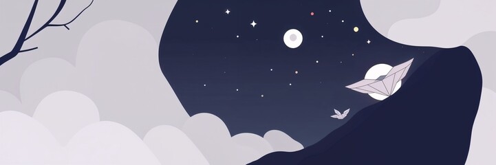 Naklejka premium Stylized illustration of a night sky with stars, clouds, and paper boats, evoking a sense of wonder and imagination 