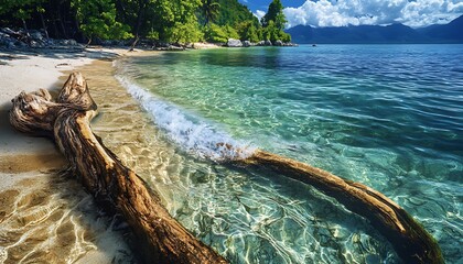 Fototapeta premium Pristine tropical shoreline with crystal-clear waters lapping against driftwood