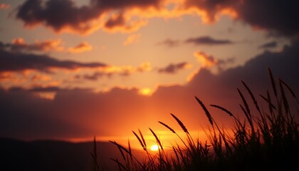 Fototapeta premium Sunset Landscape Photo Grass Silhouette Golden Sky