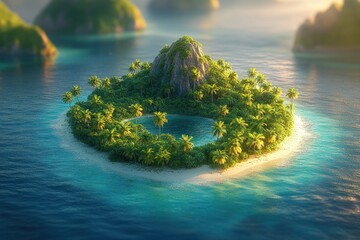 Aerial View of Tropical Island Surrounded by Turquoise Waters and Lush Greenery