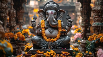 Obraz premium Ganesha Shrine, Temple, Flowers, India, Worship