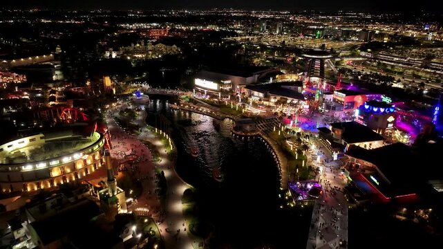 Universal Orlando At Orlando In Florida United States. Illuminated Park. Attraction Scene. Night City Scenery. Florida United States. Universal Orlando At Orlando In Florida United States. 