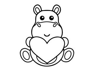 Valentine Day Hippo Holding Heart Line Art