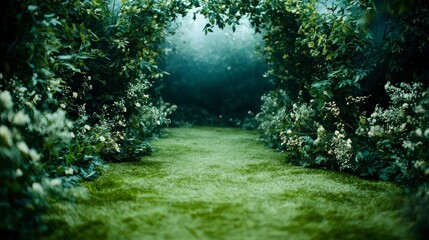 Enchanted Garden Path  Lush Greenery  White Flowers  Wedding Backdrop