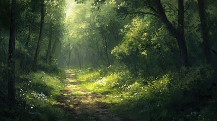 Fototapeta premium Sunlit Forest Path, Meadow, Tranquil Nature Scene, Game Background