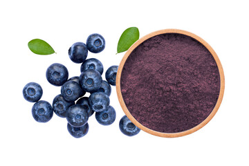 Blueberry powder with blueberry fruit isolated on white background. Top view.