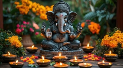 Fototapeta premium Ganesha statue, garden, diyas, prayer, faith