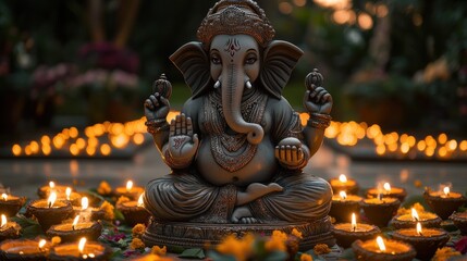 Fototapeta premium Ganesha statue, garden lights, Diwali, India, faith