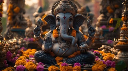 Ganesha statue, temple, flowers, sunset, worship