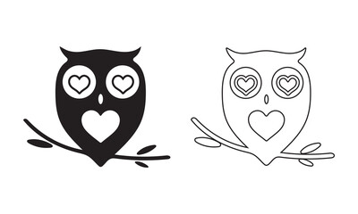 Cute owl icon with hearts silhouette in solid and outline styles vector art illustration