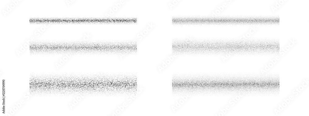 Poster Black dotted gradient texture set. Stippled grain brush element collection. Fading scatter noise pattern pack. Spray dot line stroke background. Rectangle grainy sand bundle. Vector illustration