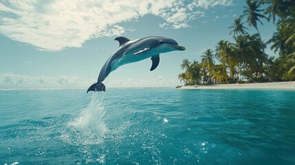 Obraz premium Dolphin Jumping Above Crystal Clear Water Near Tropical Island Beach