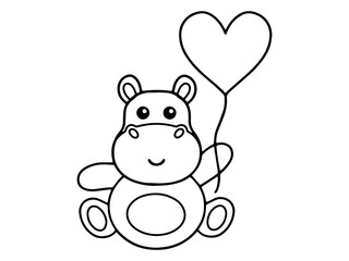 Valentines Day Hippo Holding Balloon Line Art